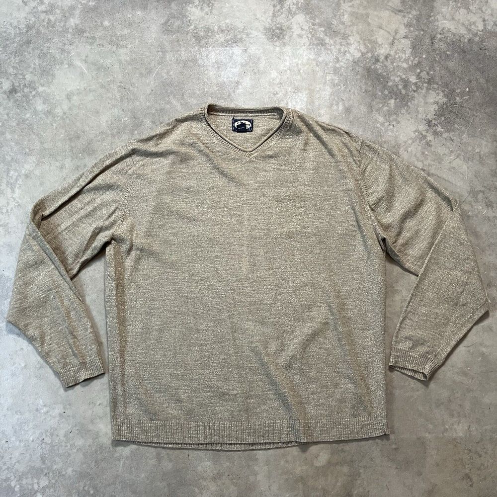 Tommy Bahama Sweater Mens Large Beige Cotton Blend V Neck Vtg Long Sleeve Soft